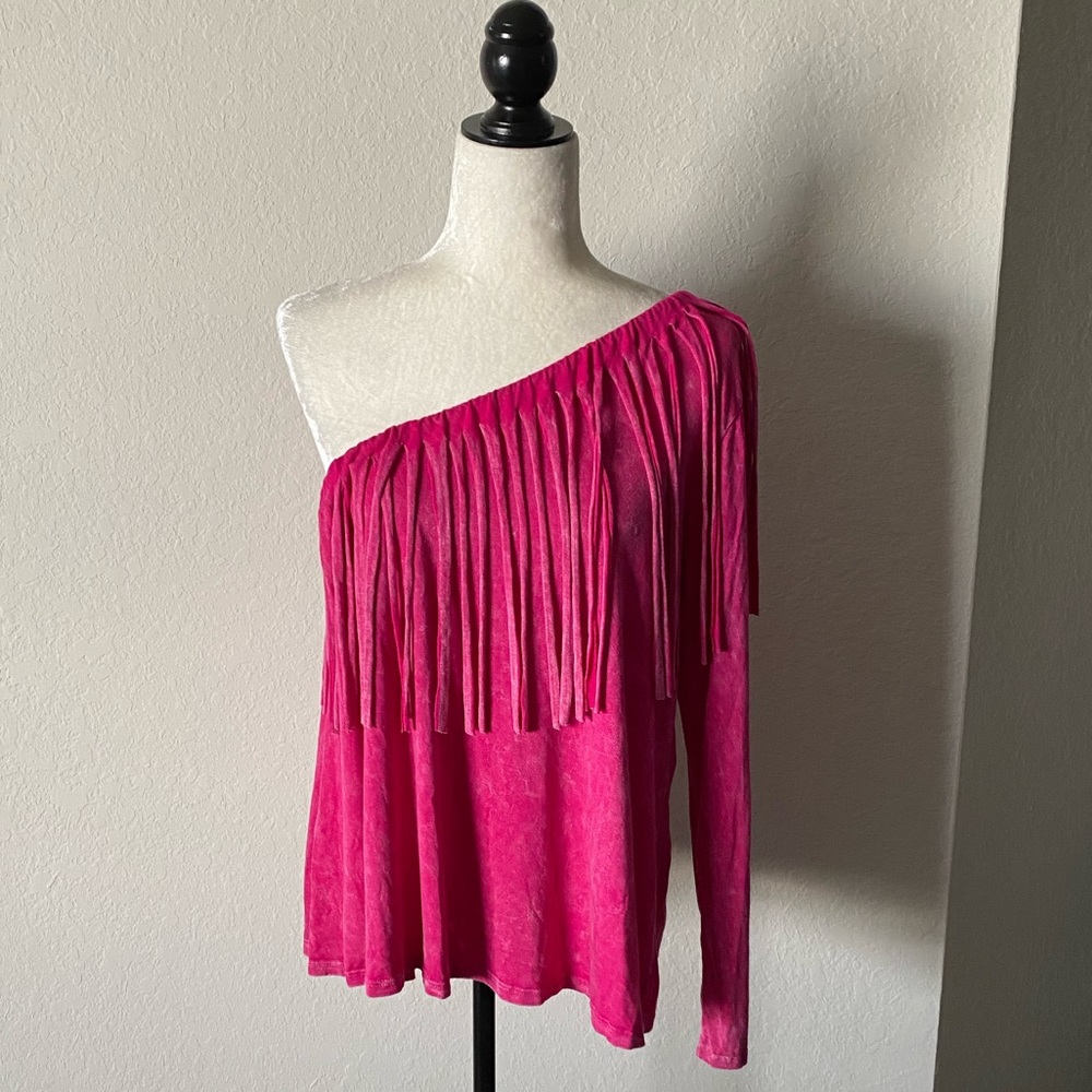 Blue Buttercup Fringe One Shoulder Top NWOT